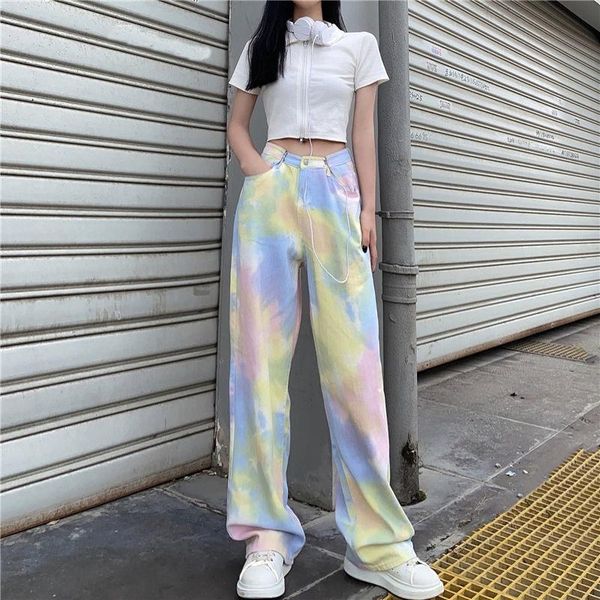 

women's pants & capris rainbow color jeans women casual loose camouflage wide leg retro fashion harajuku style thin trousers female swe, Black;white