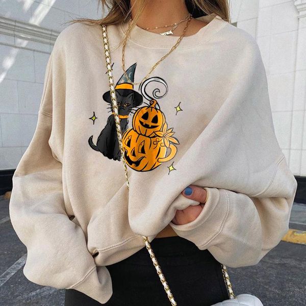 

women's hoodies & sweatshirts funny pumpkin cat printed women halloween long sleeve pullover ladies leisure streetwear moletom feminino, Black