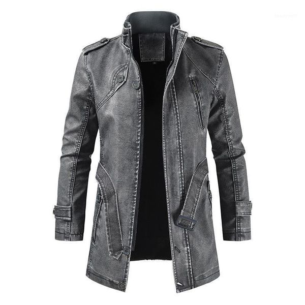 

men's trench coats men autumn winter fashion mid-length faux leather jacket adjustable waist stand collar slim matte high street coat, Tan;black