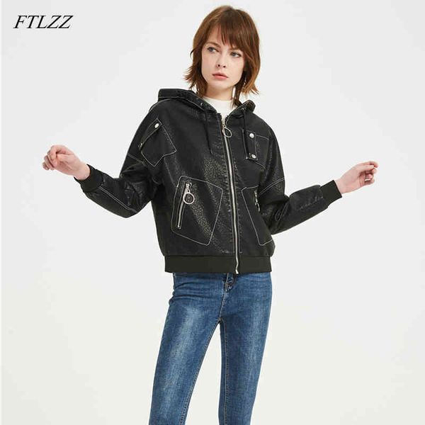 

ladies basic faux soft leather jacket women casual hooded pu biker motorcycle balck street outerwear coat 210423, Black