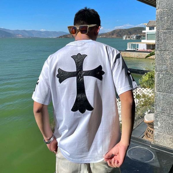 

chao brand ch leather hardware cross horseshoe t-shirt summer new short sleeve cotton men's and women's top, White;black
