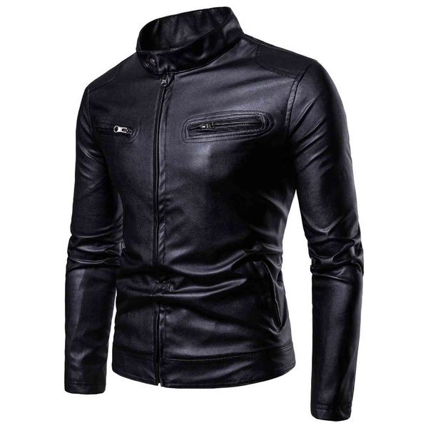 

men's leather & faux jackets men fashion stand collar black winter zipper patchwork casual coats long sleeve pu fur d86m