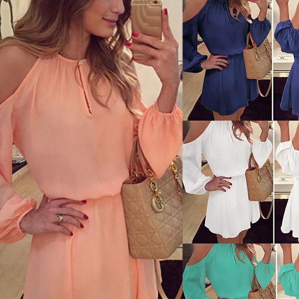 

cold womens dresses shoulder long sleeve pleated chiffon dress sukienka a line women keyhole party night short elastic waist solid, Black;gray