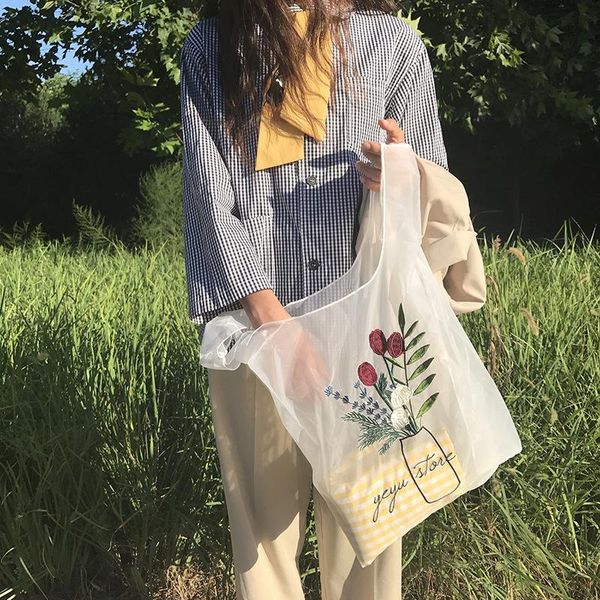 

duffel bags summer women transparent tote organza yarn cloth beach bag embroidery handbag eco clear hand purse for girls