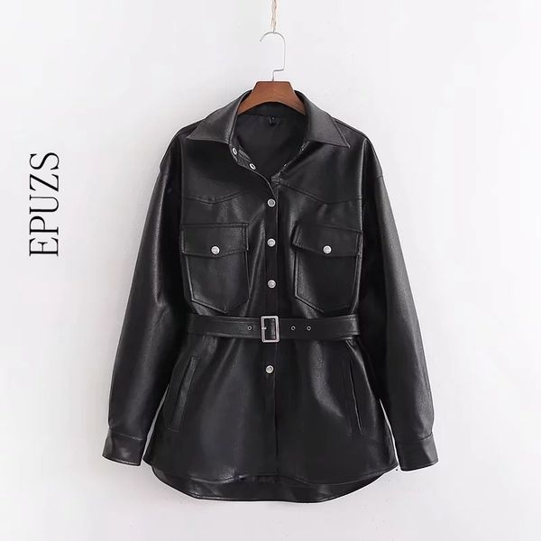 Outono preto falso jaquetas de couro mulheres pu ciker jaqueta zipper streetwear cinto punk motocicleta casaco senhoras outwear 210521