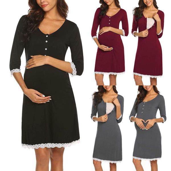

est nightgown maternity dresses buttons short sleeve solid breast-feeding pregnant woman dress pregnancy clothing nightdress, White