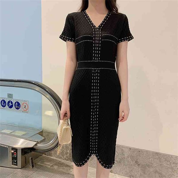 

summer women elegant vestidos black v-neck short sleeve korean style knitting casual dresses female 210519, Black;gray