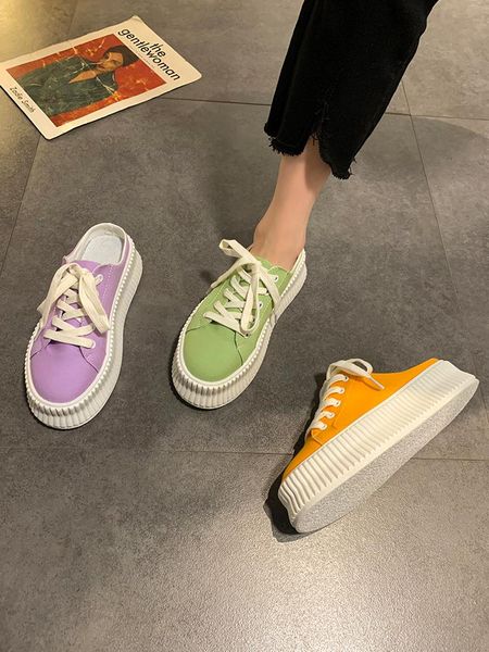 

slippers casual shoes woman 2021 loafers platform pantofle low luxury summer fabric hoof heels canvas cross-tied pu rubber, Black