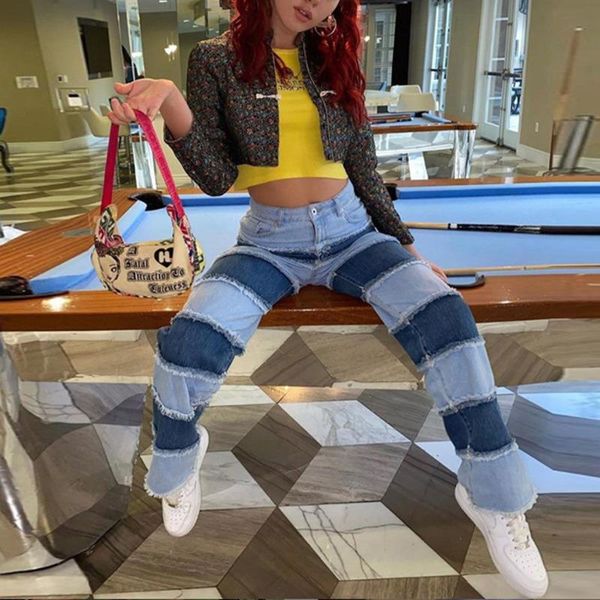 

dilusoo women high waist straight jeans pants contrast elastic 4 season denim woman stretch casual trousers ladies women's, Blue