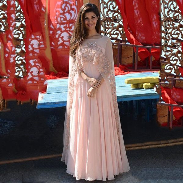 

elegant dubai arabic blush pink chiffon formal evening dresses with cape muslim a line long prom dress abaya moroccan kaftan celebrity party, Black;red