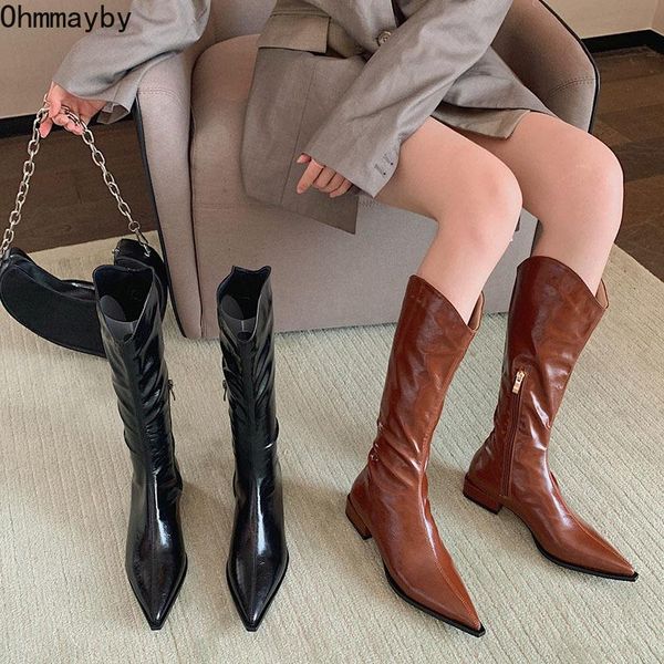 

boots 2021 winter pointed toe women knee high low heel zipper fashion pu leather ladies long knight booties black woman shoes