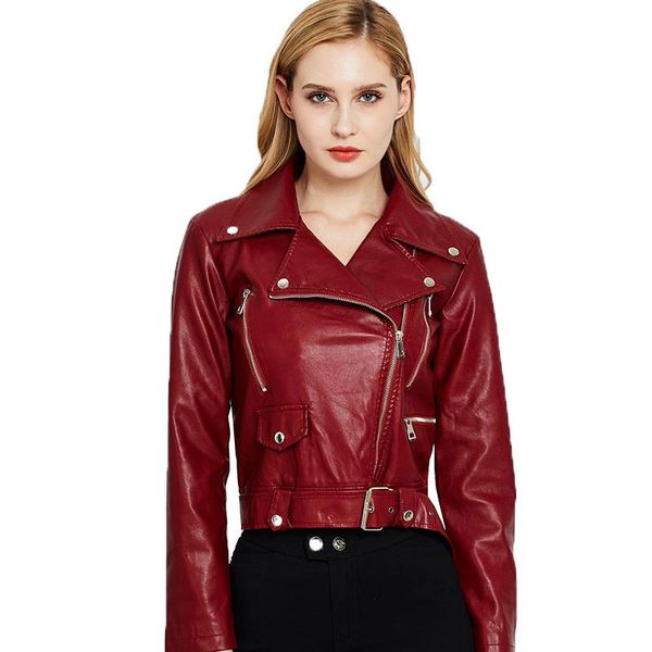 

women's leather & faux women spring autumn jackets zipper basic coat turn-down collar pu motor biker jacket with belt k308, Black