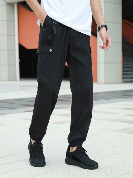 

men utility pocket strap detail drawstring waist joggers i8e5#, Black
