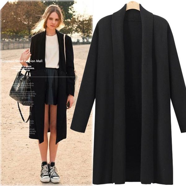 

women's trench coats autumn women coat plus size fashion loose solid md-long style knitted cardigan for large one-stitch, Tan;black
