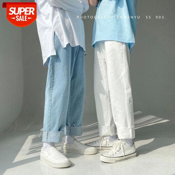 

2021 men's loose washed straight pants cowboy tide fashion trend jeans raw edge blue/white color biker denim trousers -2xl #kz3n