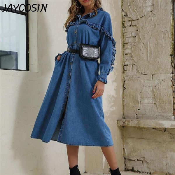 

casual dresses jaycosin women dress denim lace-up ruffled button long sleeve large autumn solid empire vestidos s6, Black;gray