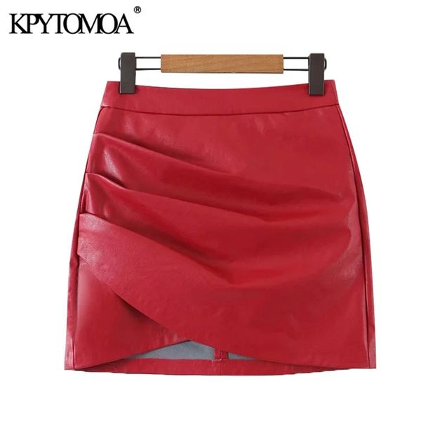 

kpytomoa women chic fashion faux leather pleated asymmetrical mini skirt vintage high waist back zipper female skirts mujer 210412, Black