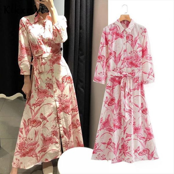 

klkxmyt za chic fashion womens dresses with belt print ruffled midi vintage long sleeve button up female vestidos, Black;gray