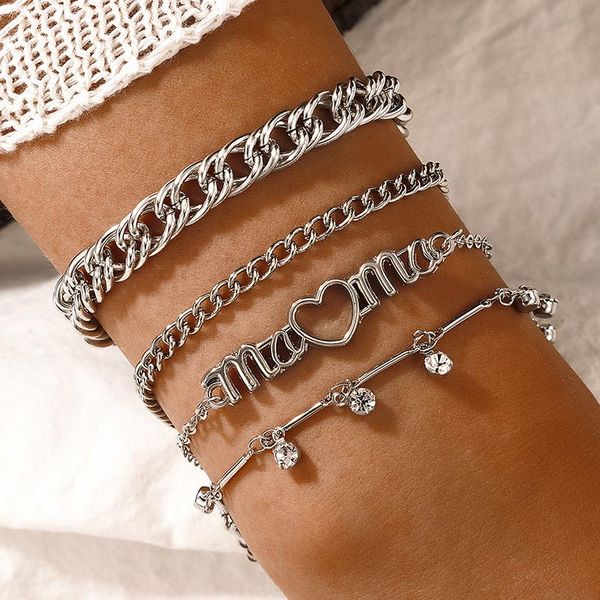 

charm bracelets 4pcs/set fashion love heart crystal for women punk silver color geometry thick chain bangle jewelry 18757, Golden;silver