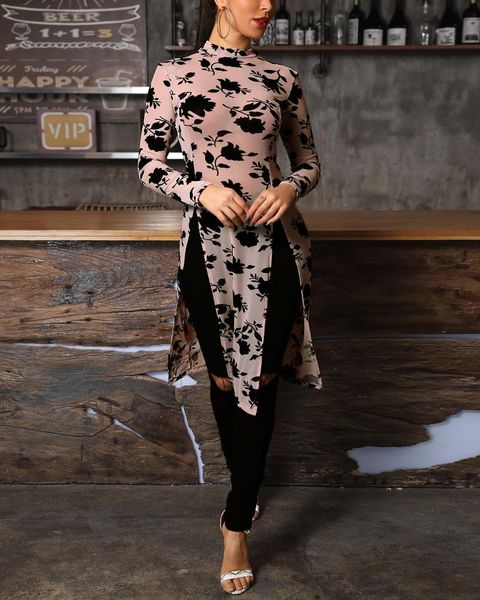 

women's blouses & shirts 2021 fashion women elegant stylish applique side split longline long sleeve blouse, White