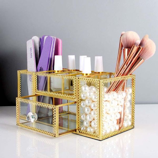 

bathroom storage & organization glass makeup organizer cosmetic with golden covered edge pencil box perfume tools lipstick