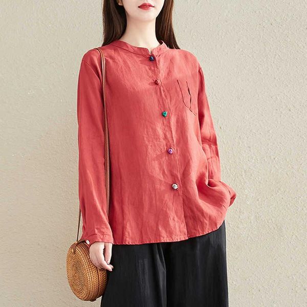 

women's blouses & shirts coil button cotton linen shirt 2021 spring loose large long sleeve cardigan coat chinese top, White