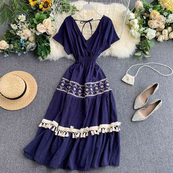 

bohemian bloemen a-lijn vestidos hoge taille kwastje borduren zomer vrouwen jurk fashion lange jurken 210512, Black;gray