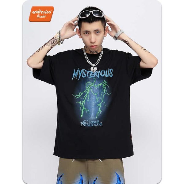 

summer 200g 2021 cotton national trend hip hop short sleeve men's fashion brand loose oversize t-shirt half shirt, Black