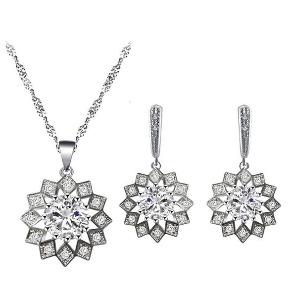 

earrings & necklace simple design silver plated white zircon pendant jewelry set classic wedding gift js830
