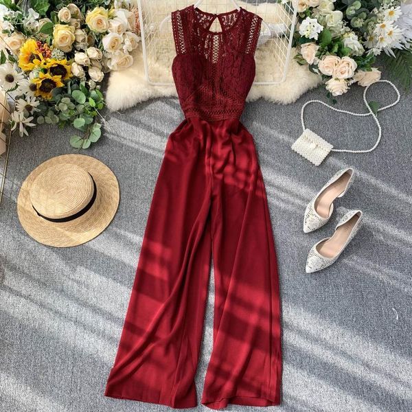 

ftlzz new beach full length lace hollow out o-neck tank jumpsuit summer women slim wide-legged playsuit holiday romper, Black;white