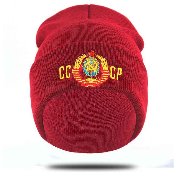 Повседневная вышивка CCCP СССР шляпа хлопок гибкие теплые шапки для осени зима Россия вязаные фасоли HIP-хоп шапки Unisex Y21111