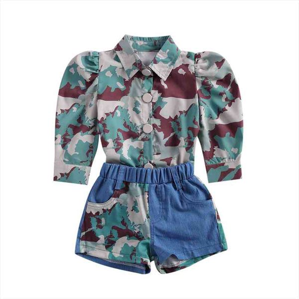 

infant kids baby girls camouflage patchwork clothes set, long puff sleeve lapel neck shirt elastic waist denim shorts 1-6t, White