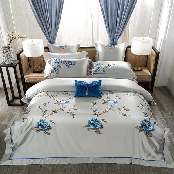 

bedding sets golden/gray satin luxury chic embroidery blossom set silky soft cotton bed spread sheet pillow shams