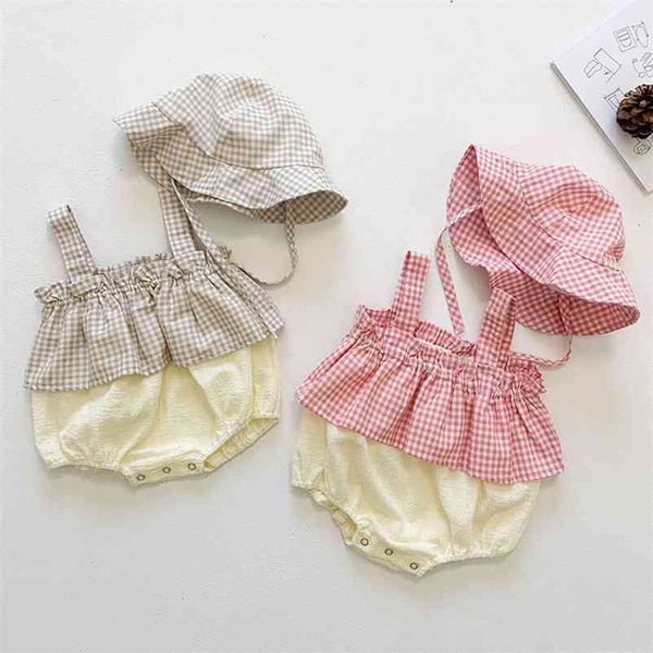 

summer baby girl sleeveless grid braces rompers born kids infant clothes jumpsuits 210521, Blue