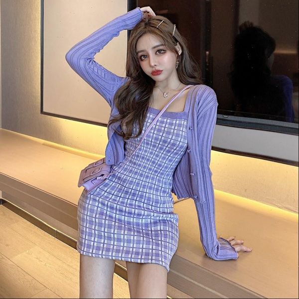 

2 pcs all match women dress long sleeve single breasted knitted cardigan plaid sleeveless hip midi, White