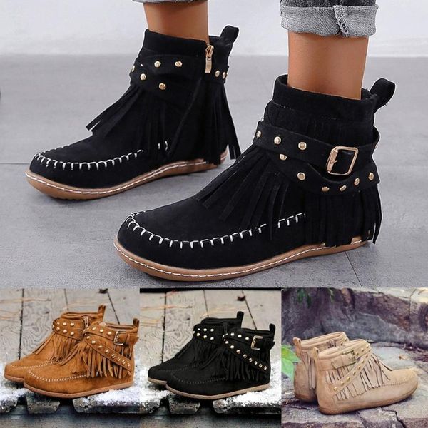 

boots retro women tassel suede flat zipper solid color short booties round toe shoes comfortable casual outdoor boot#4, Black