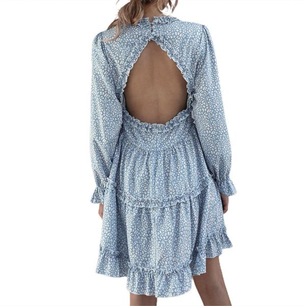 

women's dress spring autumn floral printed long sleeve v-neck and backless knee length for women girl casual dresses, Black;gray