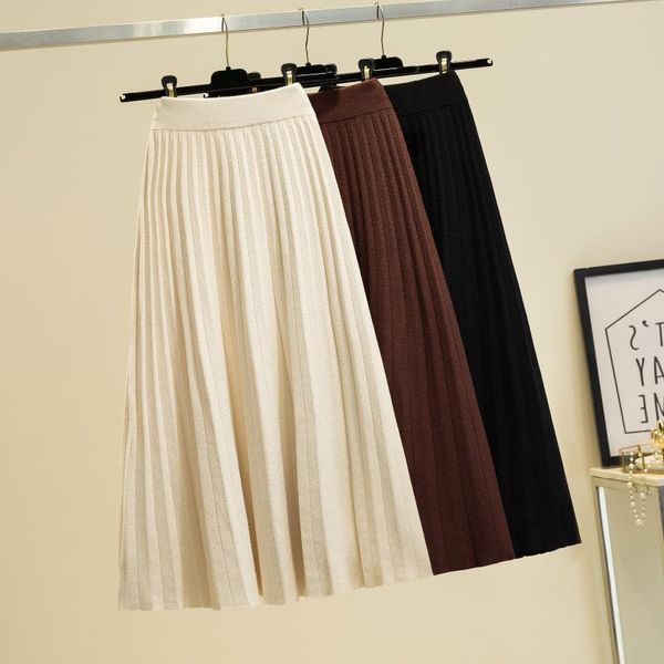 

winter woollen blend rib knitted a-line long skirt thickened elegant solid calf knit skirts beige coffee, Black