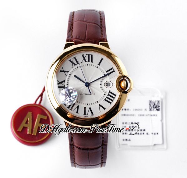 

af 42mm a2824 automatic mens watch 18k yellow gold silver texture dial black roman markers brown calfskin leather strap super edition 2022 w, Slivery;brown