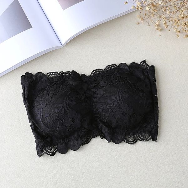 

fashion intimates summer womens floral lace bandeau seamless wire 4-hook bralette strapless tube 3pcs, White
