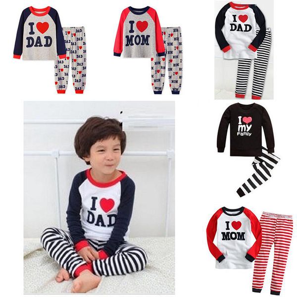 set da bambino pigiama da bambina per ragazzi manica lunga pantaloni 2 pezzi stampa di lettere I Love Dad Mom pantaloni a righe abiti da notte