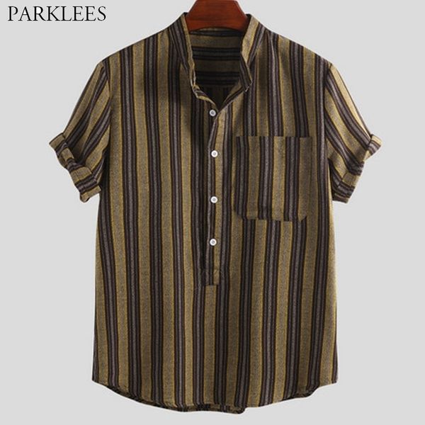 

mens striped short sleeve shirt summer casual loose shirts for men vintage stand collar with pocket chemise homme camisas 210524, White;black