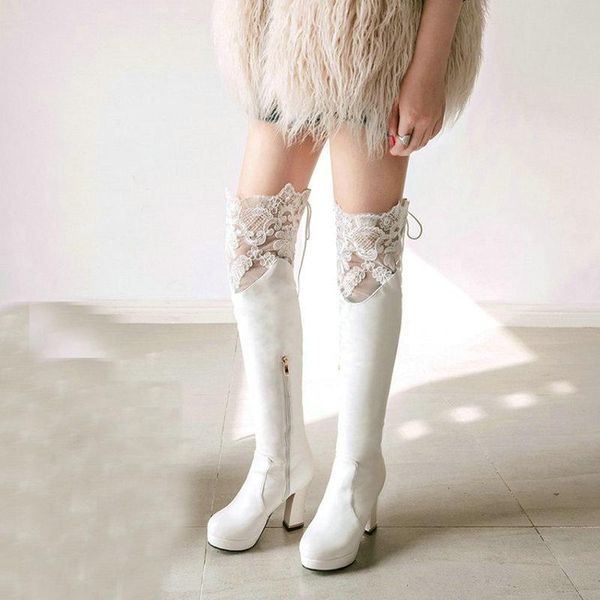 

boots zawsthia winter fall club stripper heels lace design over the knee modern women white platform high overknees, Black