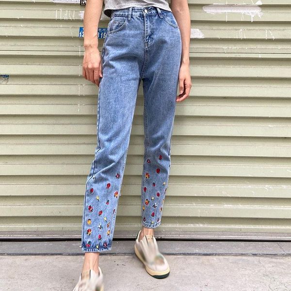 

women's jeans high-waist slim-fit tight-fitting embroidery casual temperament ripped skinny for teen girls, Blue