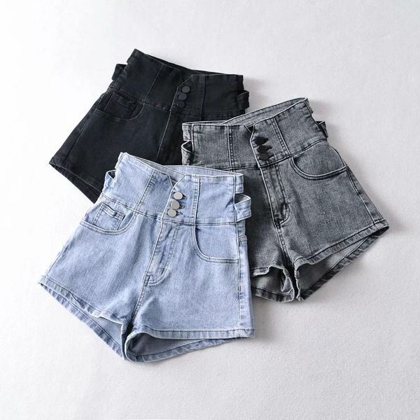 

women's shorts three button high waist denim internet celebrity korean loose wide leg hollow lace up hip lifting chic style aesthetic, White;black