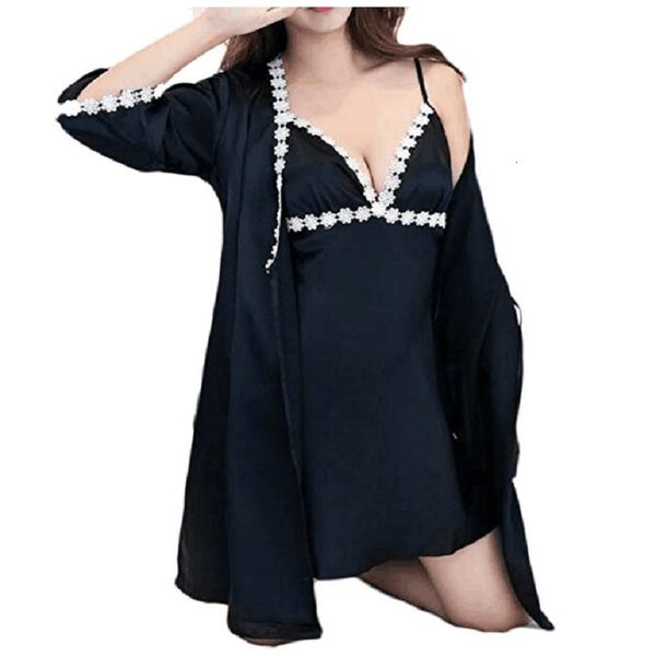 

spring and summer imitation silk nightgown large bathrobe nightdress pajama fun underwear suspender shawl, Black;white