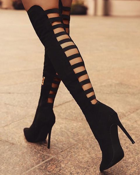 

boots back ladder cutout knee-high stiletto black street style