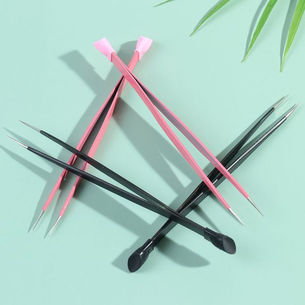 

stainless steel silicone embossed stick pressing straight head tweezers rhinestones sticker picker 2 heads nail art tools dhl, Silver