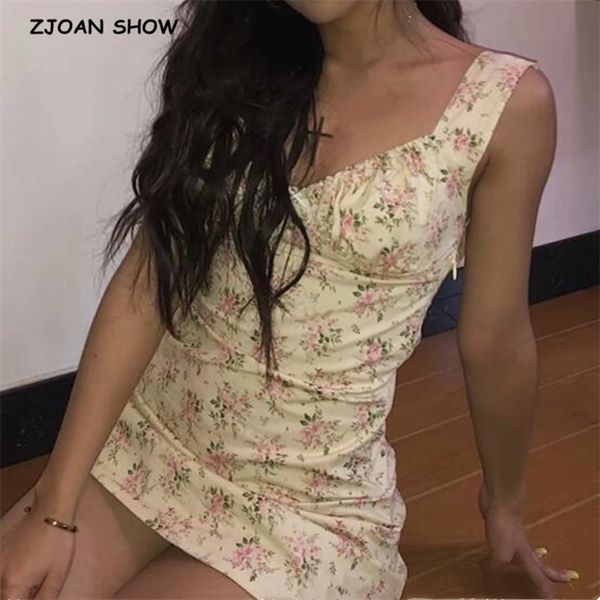 

summer retro small flower print mini dress chiffon sleeveless square v neck slim backless short dresses for woman vestidos 210429, Black;gray