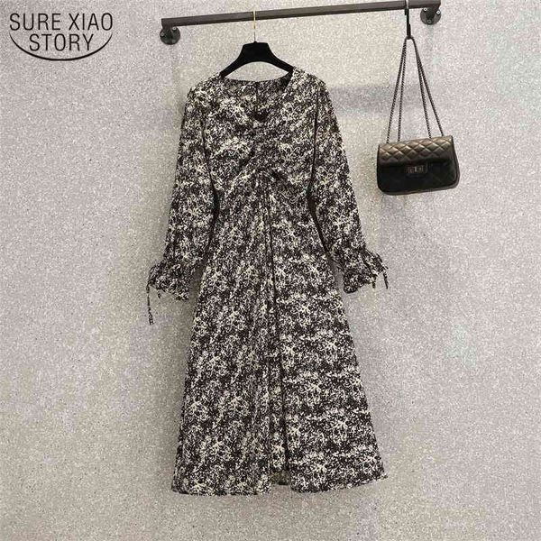 

spring long sleeve chiffon floral dress women large size 4xl medium length loose women's femme robe 12933 210508, Black;gray